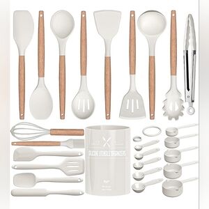 26pc Silicone Kitchen Utensil Set w/ Holder - White & Wood